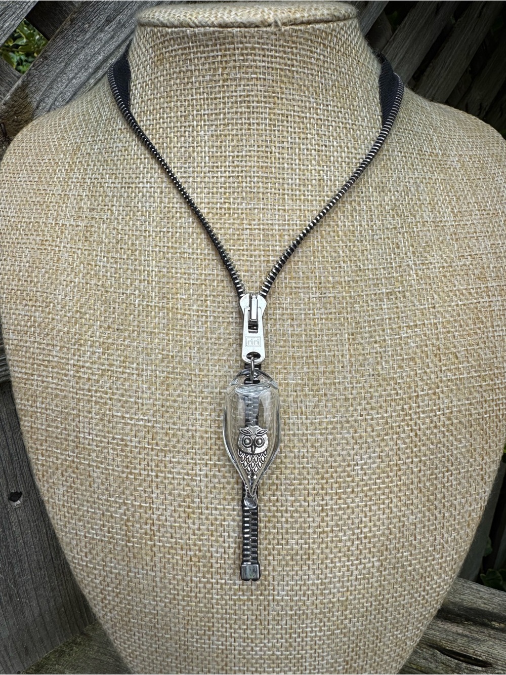 Vanessa Yanow Small Tooth Zipper Necklace with Silver Owl in Bottle Pendant 20”